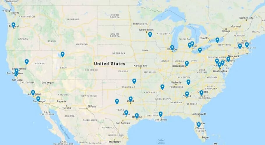 Map of the USA with Map Pins Indicating Different Locations